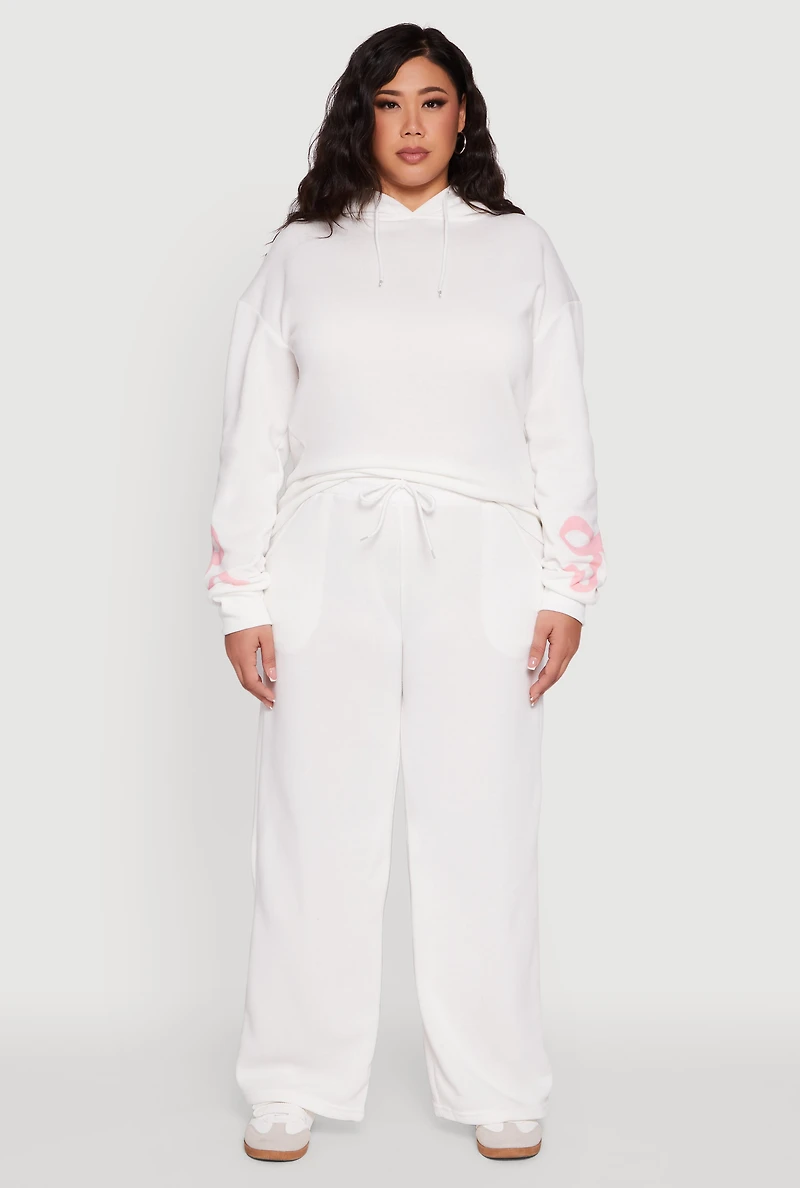 Womens Plus Bow Graphic Detail Wide Leg Fleece Sweatpants, White,