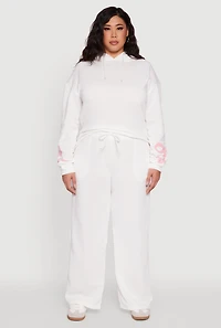 Womens Plus Bow Graphic Detail Wide Leg Fleece Sweatpants, White,