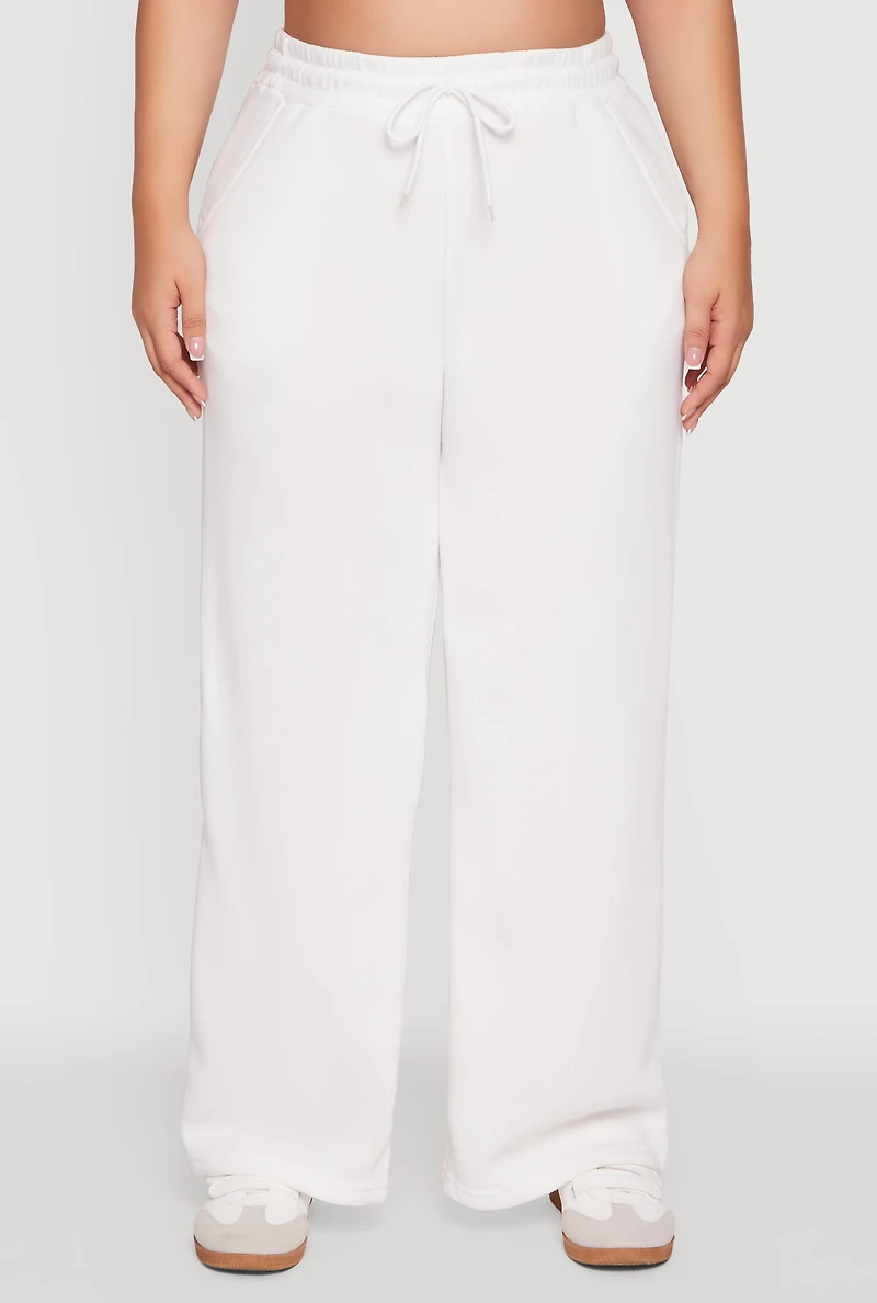 Womens Plus Bow Graphic Detail Wide Leg Fleece Sweatpants, White,