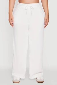 Womens Plus Bow Graphic Detail Wide Leg Fleece Sweatpants, White,