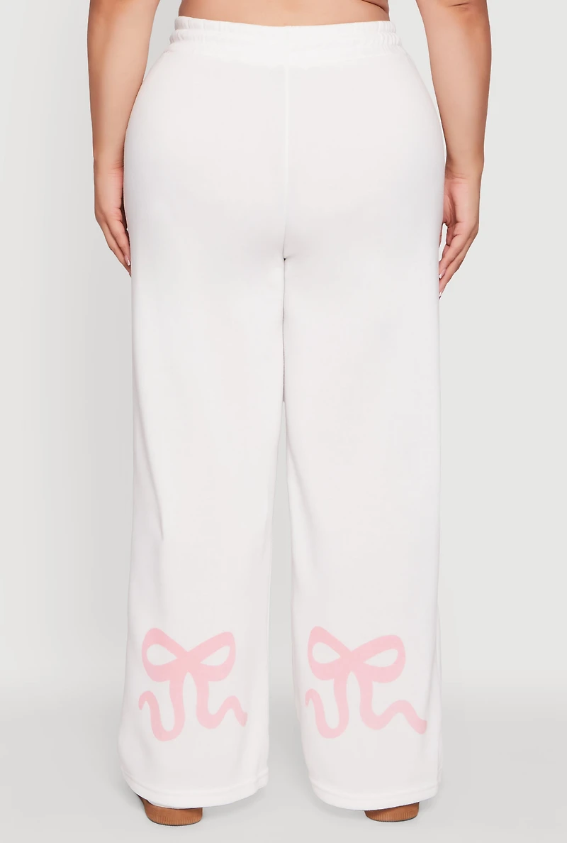 Womens Plus Bow Graphic Detail Wide Leg Fleece Sweatpants, White,