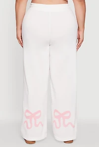Womens Plus Bow Graphic Detail Wide Leg Fleece Sweatpants, White,