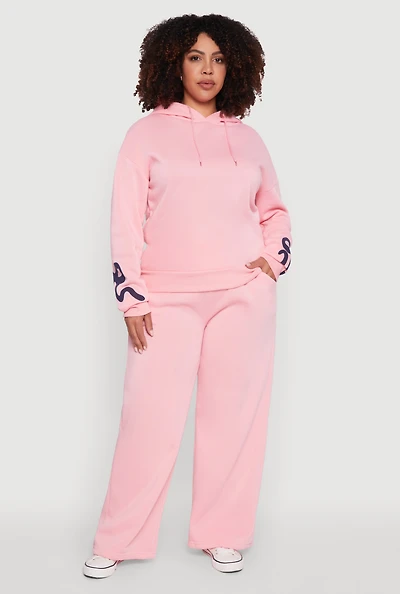 Womens Plus Bow Graphic Detail Wide Leg Fleece Sweatpants,