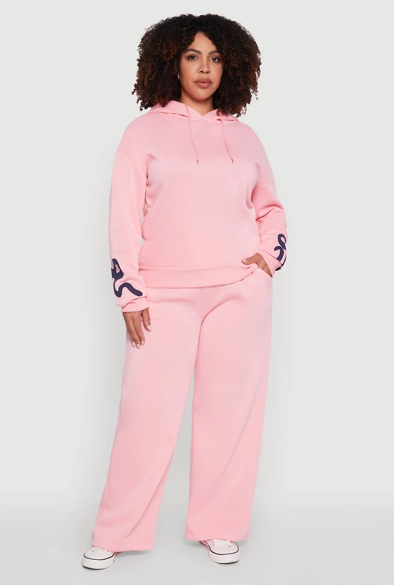 Womens Plus Bow Graphic Detail Wide Leg Fleece Sweatpants, Pink,