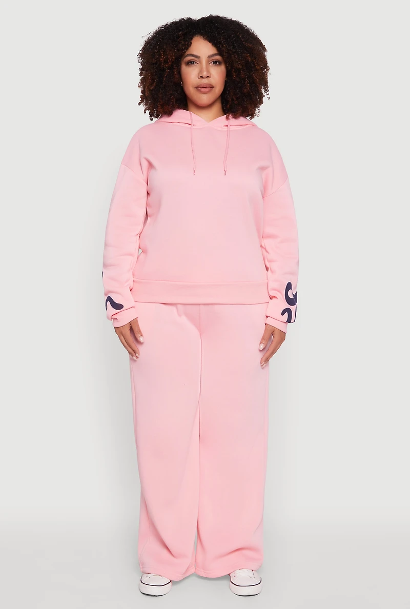 Womens Plus Bow Graphic Detail Wide Leg Fleece Sweatpants, Pink,