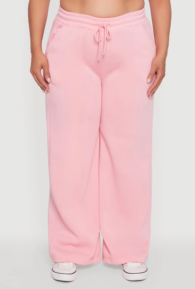 Womens Plus Bow Graphic Detail Wide Leg Fleece Sweatpants, Pink,