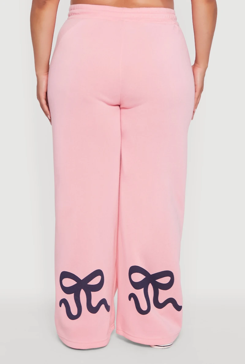 Womens Plus Bow Graphic Detail Wide Leg Fleece Sweatpants, Pink,