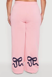 Womens Plus Bow Graphic Detail Wide Leg Fleece Sweatpants, Pink,