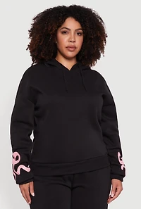 Womens Plus Size Fleece Pullover Hoodie with Bow Graphic Detail, Black, Size 2X