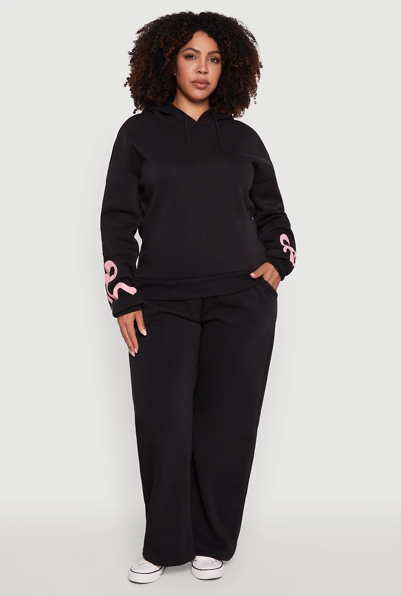 Womens Plus Size Fleece Pullover Hoodie with Bow Graphic Detail, Black, Size 2X