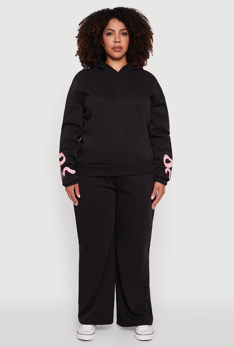 Womens Plus Fleece Pullover Hoodie with Bow Graphic Detail,