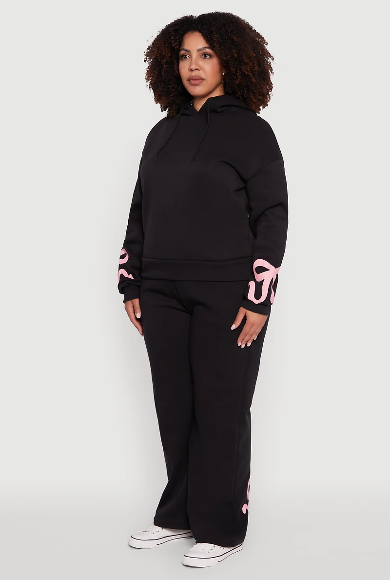 Womens Plus Size Fleece Pullover Hoodie with Bow Graphic Detail, Black, Size 2X