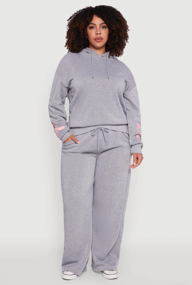 Plus Fleece Pullover Hoodie with Bow Graphic Detail