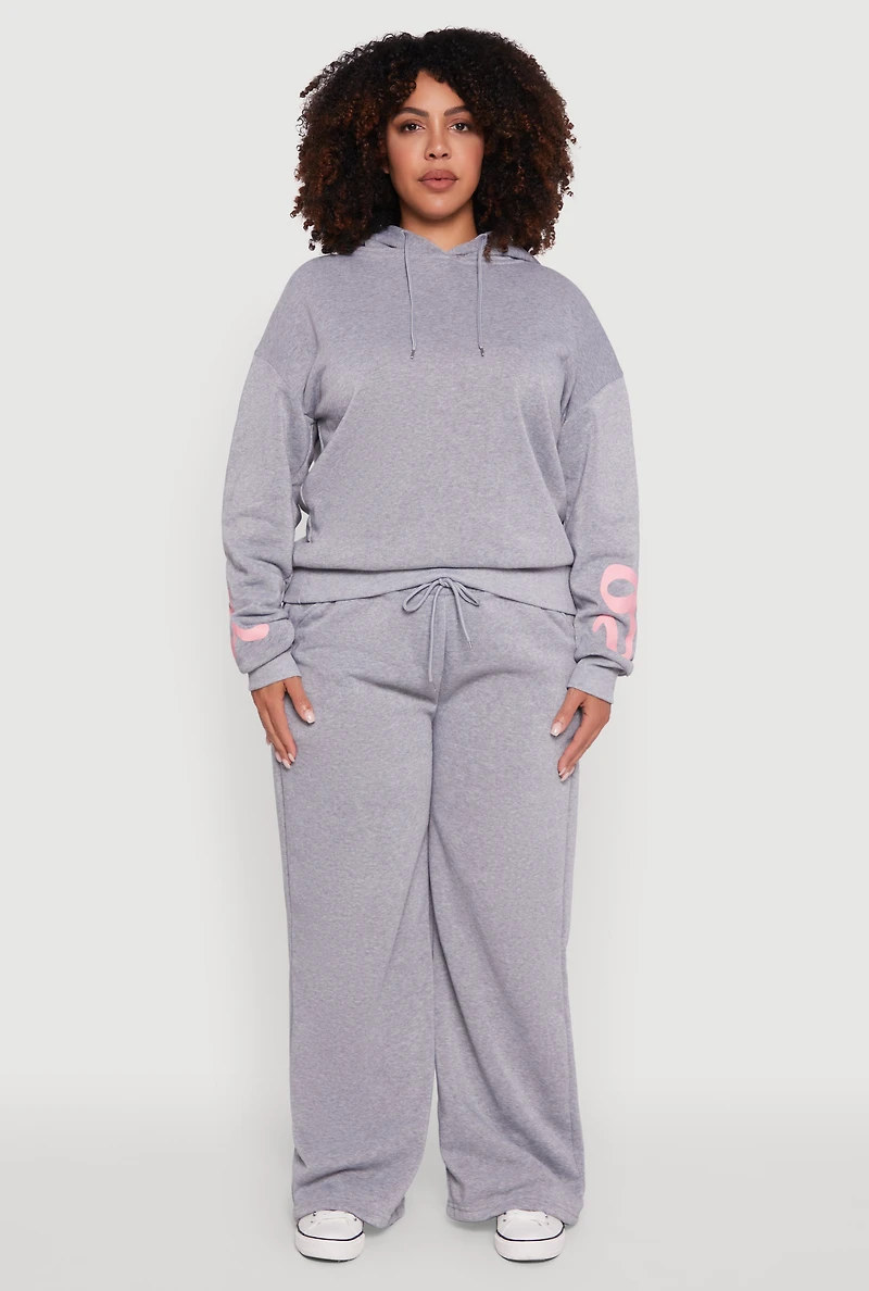 Plus Fleece Pullover Hoodie with Bow Graphic Detail