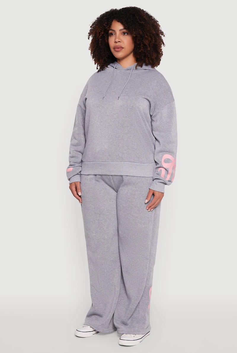 Plus Fleece Pullover Hoodie with Bow Graphic Detail