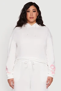 Womens Plus Size Fleece Pullover Hoodie with Bow Graphic Detail, White, Size 1X