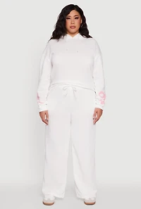 Womens Plus Size Fleece Pullover Hoodie with Bow Graphic Detail, White, Size 1X