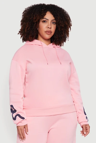 Womens Plus Size Fleece Pullover Hoodie with Bow Graphic Detail, Pink, Size 3X
