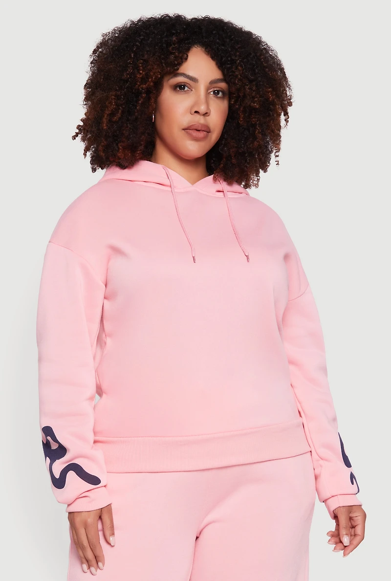 Womens Plus Size Fleece Pullover Hoodie with Bow Graphic Detail, Pink, Size 2X