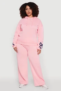 Womens Plus Size Fleece Pullover Hoodie with Bow Graphic Detail, Pink, Size 2X