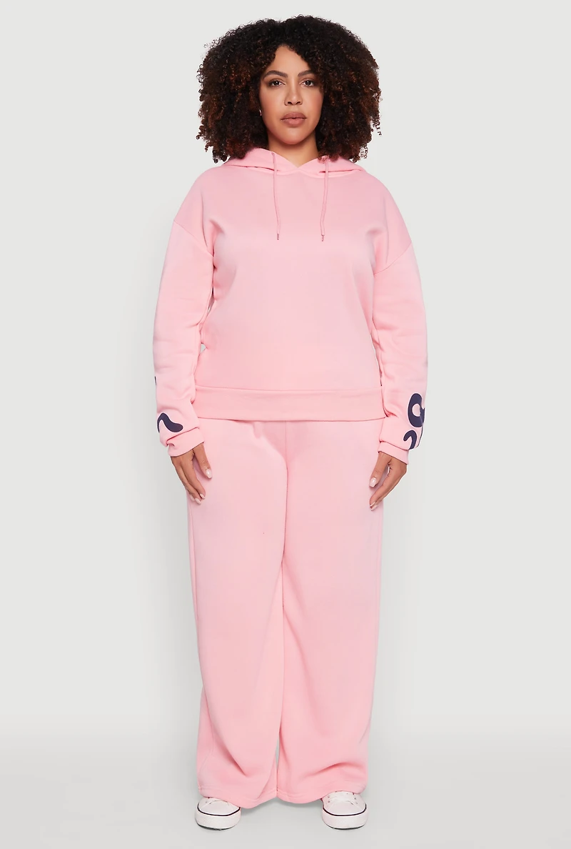 Womens Plus Size Fleece Pullover Hoodie with Bow Graphic Detail, Pink, Size 2X
