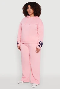 Womens Plus Size Fleece Pullover Hoodie with Bow Graphic Detail, Pink, Size 2X