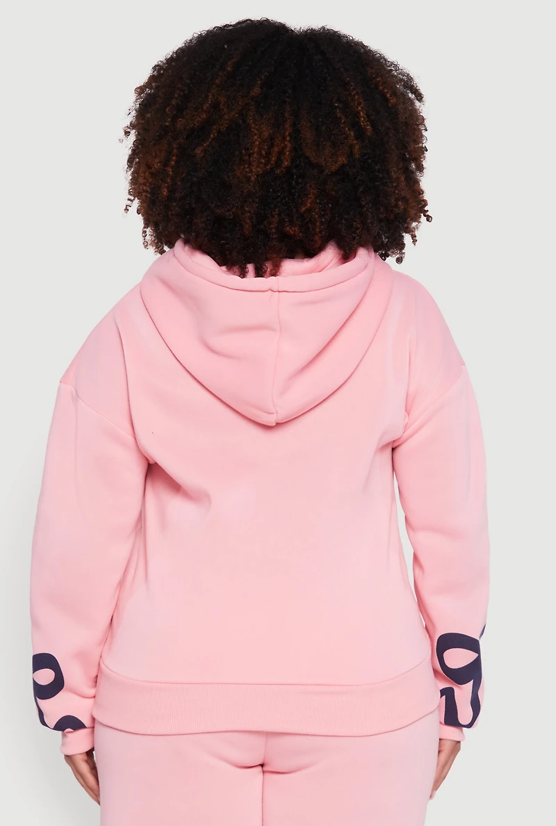 Womens Plus Size Fleece Pullover Hoodie with Bow Graphic Detail, Pink, Size 2X