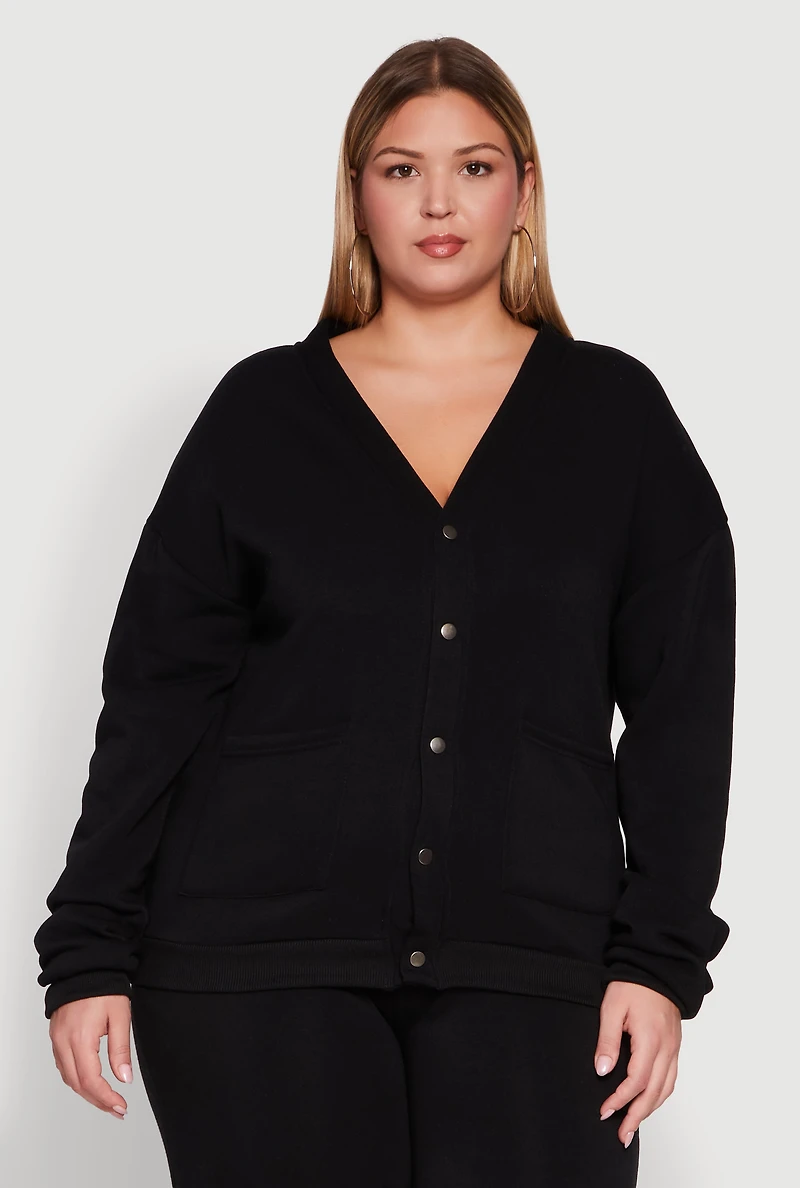 Womens Plus Oversized Fleece Lined Button Front Cardigan,