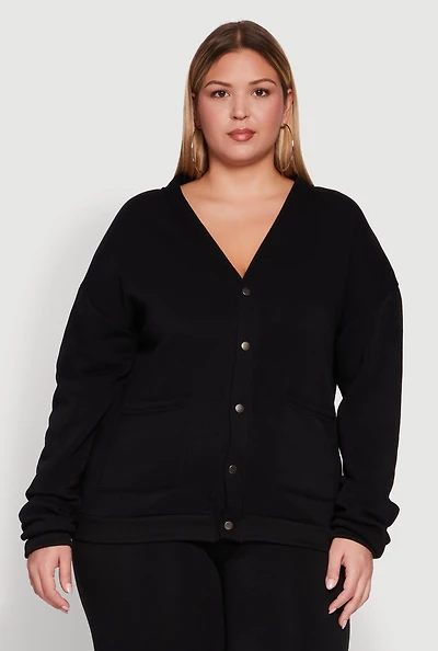 Womens Plus Oversized Fleece Lined Button Front Cardigan,
