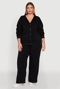 Womens Plus Oversized Fleece Lined Button Front Cardigan,