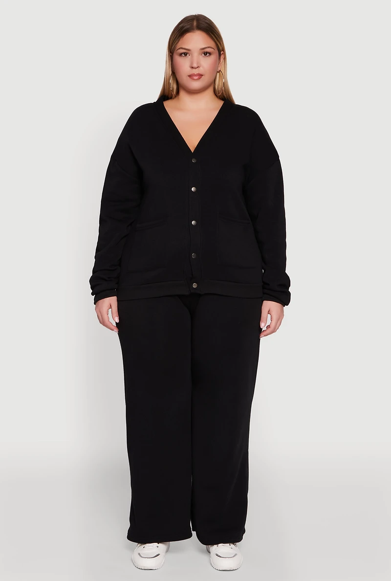 Womens Plus Oversized Fleece Lined Button Front Cardigan,
