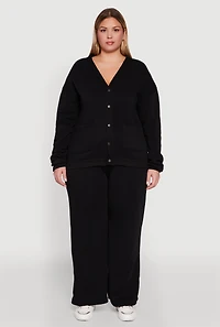 Womens Plus Oversized Fleece Lined Button Front Cardigan,