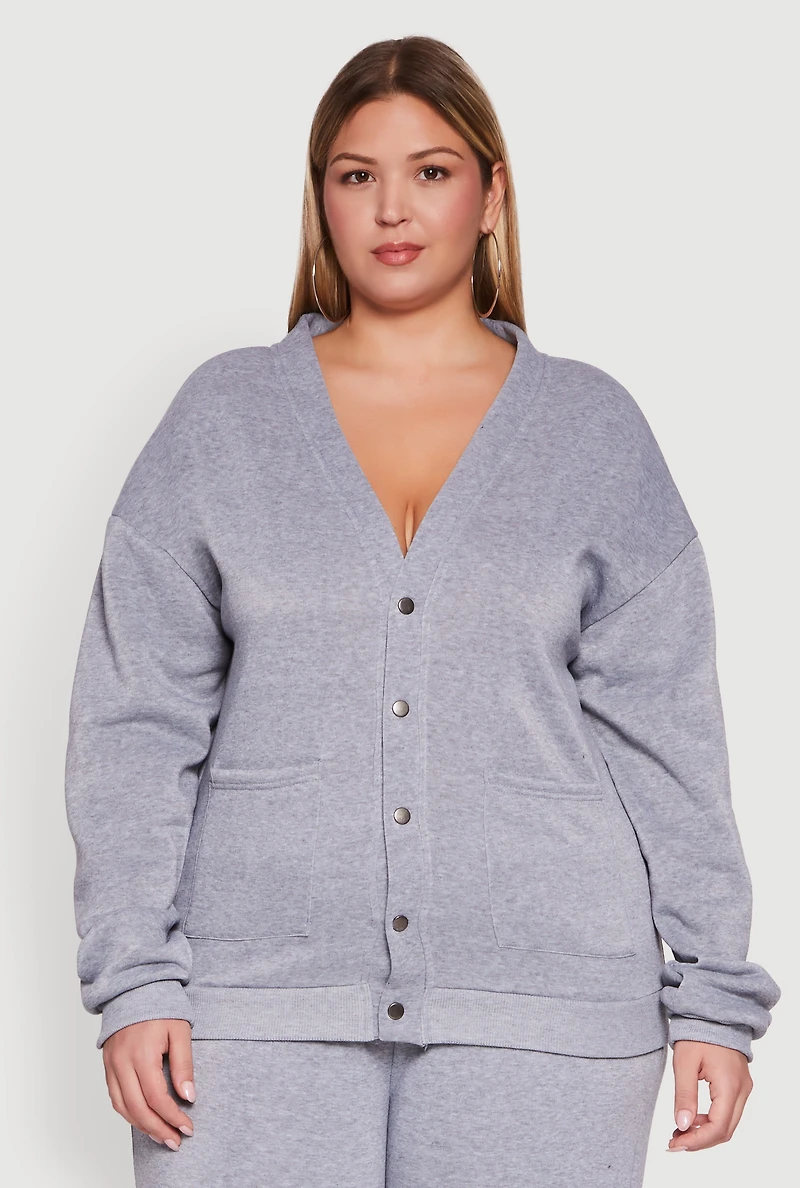 Womens Plus Size Oversized Fleece Lined Snap Button Front Cardigan, Grey, Size 2X