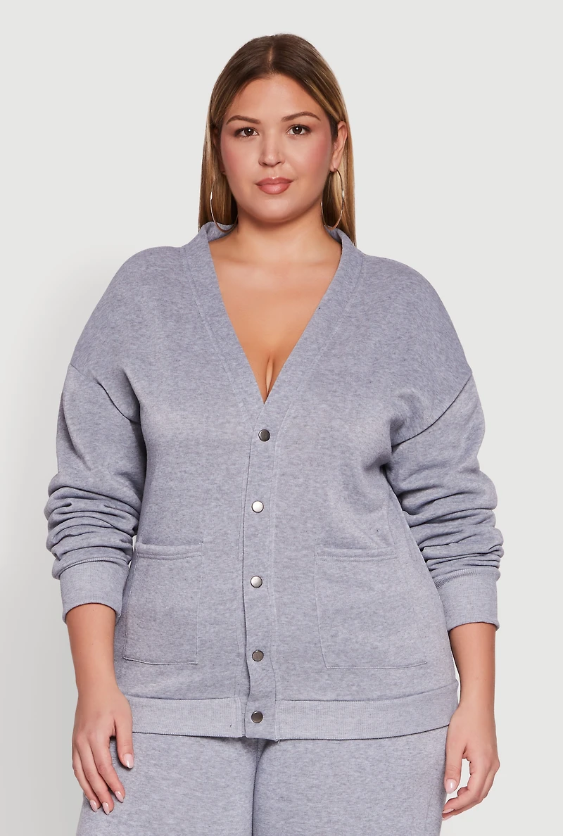 Womens Plus Size Oversized Fleece Lined Snap Button Front Cardigan, Grey, Size 2X