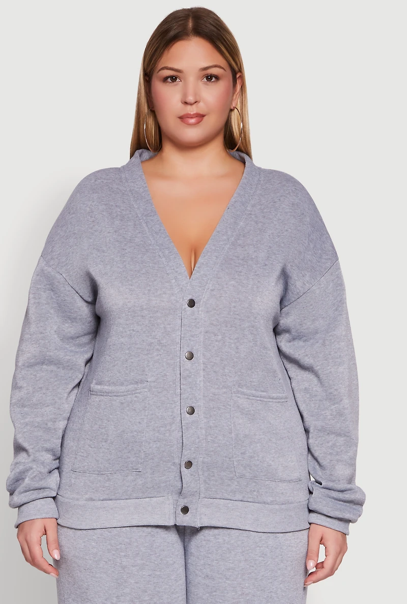 Womens Plus Size Oversized Fleece Lined Snap Button Front Cardigan, Grey, Size 2X