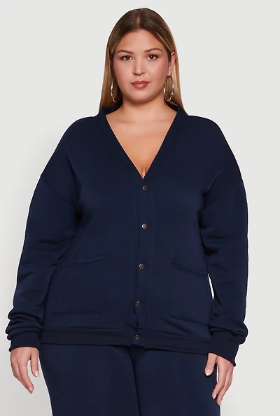 Womens Plus Oversized Fleece Lined Snap Button Front Cardigan,