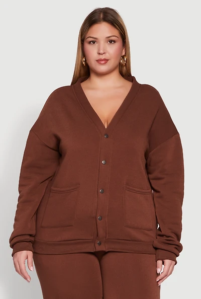Womens Plus Size Oversized Fleece Lined Button Front Cardigan, Brown, Size 3X