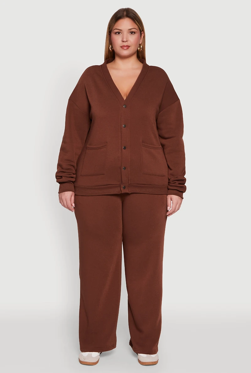Womens Plus Size Oversized Fleece Lined Snap Button Front Cardigan, Brown, Size 1X