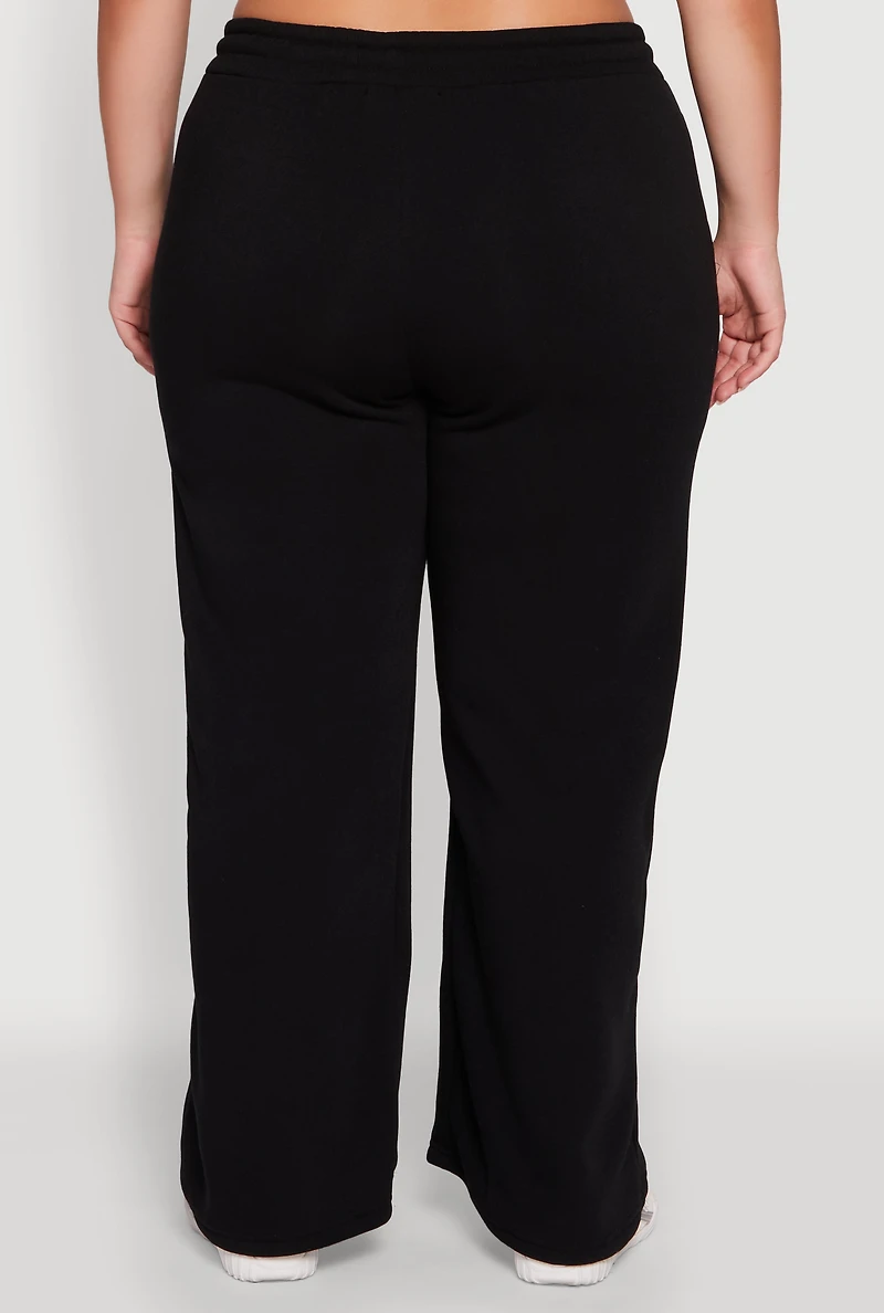 Womens Plus Size Drawstring Waist Wide Leg Sweatpants, Black, Size 2X