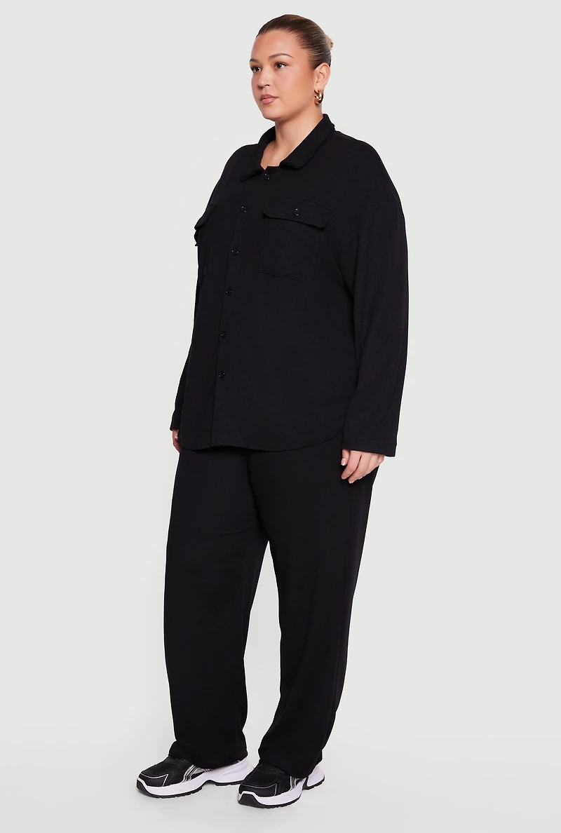 Plus Textured Knit Button Front Shirt