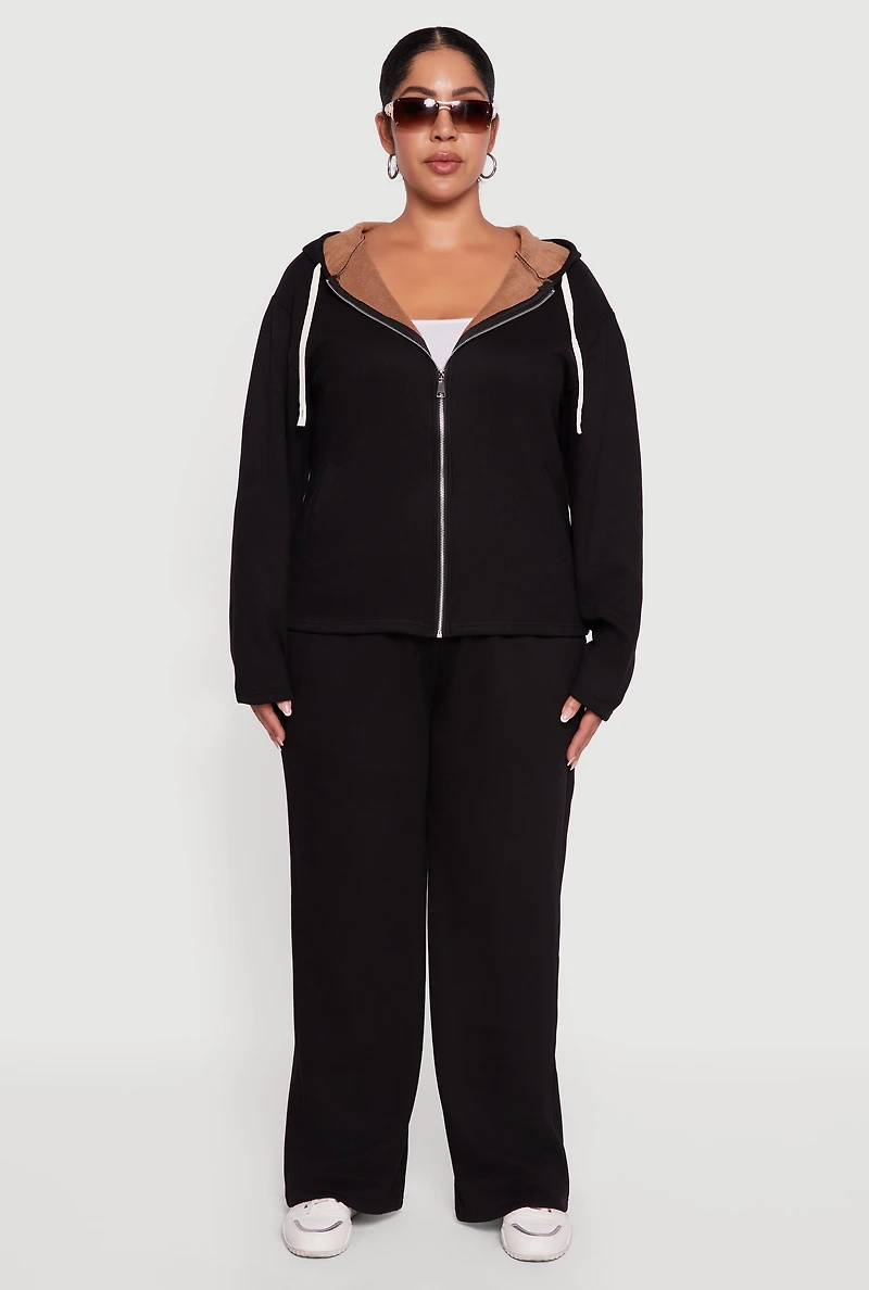 Plus Plush Lined Ribbed Knit Zip Front Hoodie
