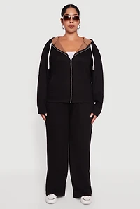 Plus Plush Lined Ribbed Knit Zip Front Hoodie