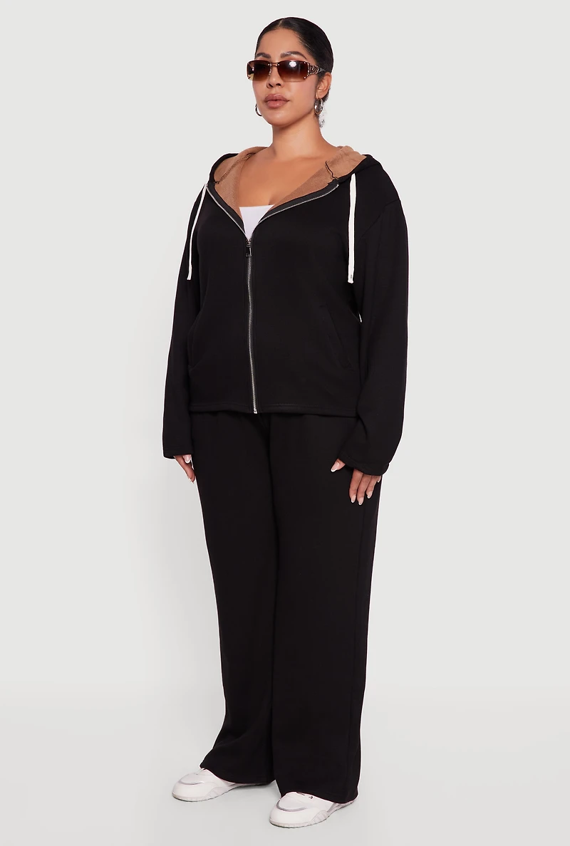 Plus Plush Lined Ribbed Knit Zip Front Hoodie