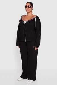 Plus Plush Lined Ribbed Knit Zip Front Hoodie
