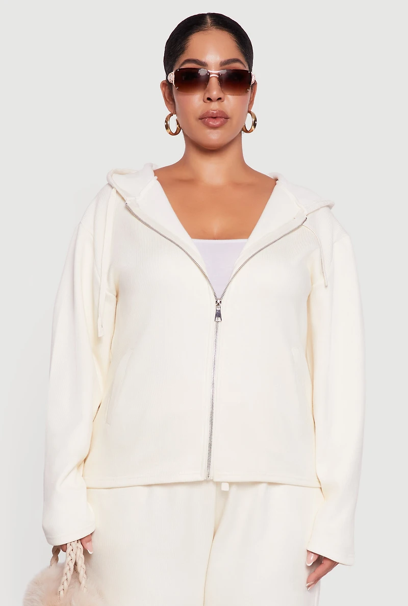 Womens Plus Size Plush Lined Ribbed Knit Zip Front Hoodie, White, Size 1X