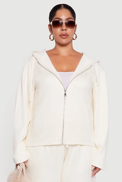 Womens Plus Size Plush Lined Ribbed Knit Zip Front Hoodie, White, Size 1X