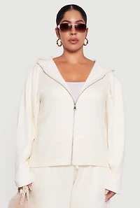 Womens Plus Size Plush Lined Ribbed Knit Zip Front Hoodie, White, Size 1X