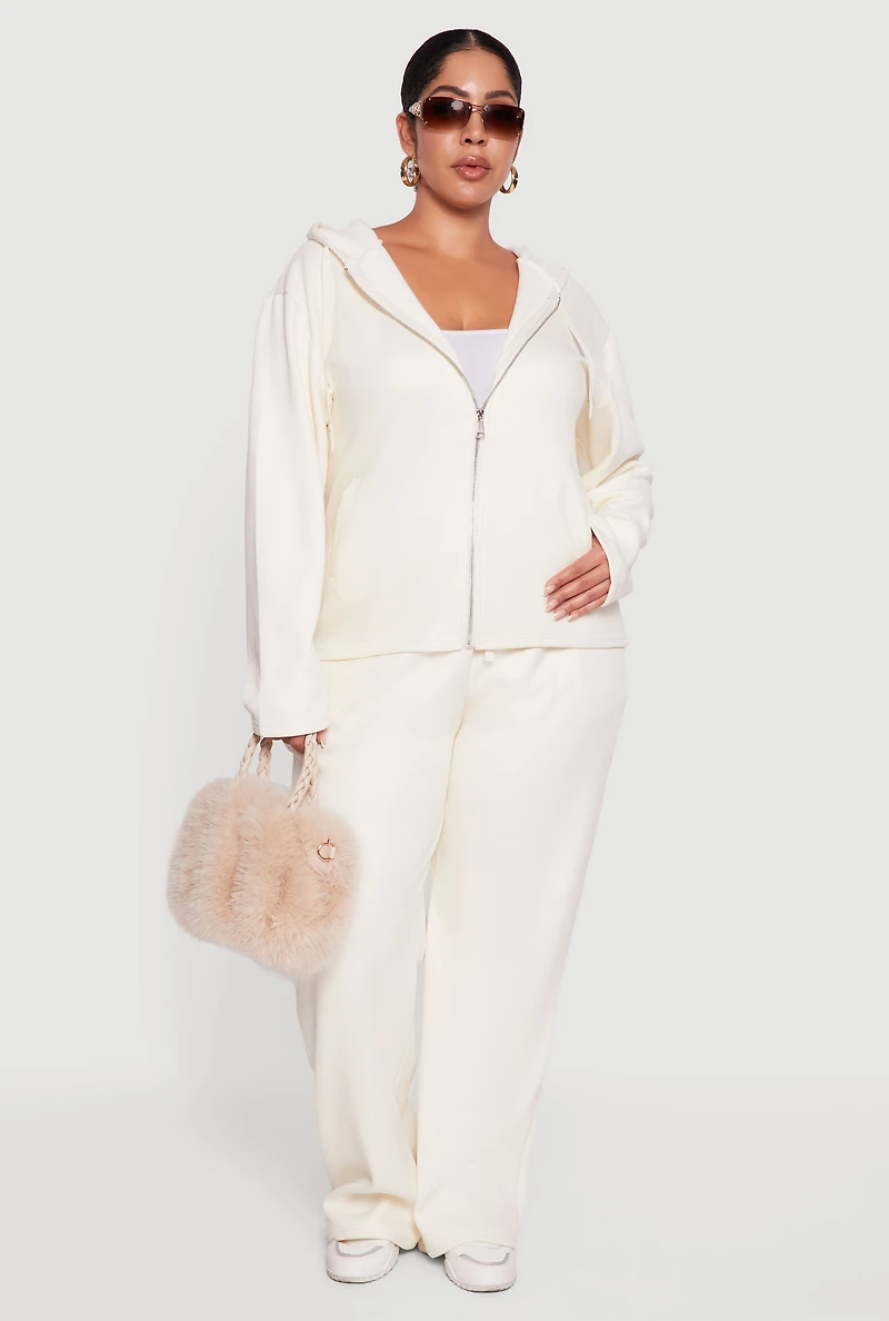 Womens Plus Size Plush Lined Ribbed Knit Zip Front Hoodie, White, Size 1X