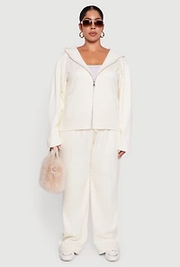 Womens Plus Size Plush Lined Ribbed Knit Zip Front Hoodie, White, Size 1X