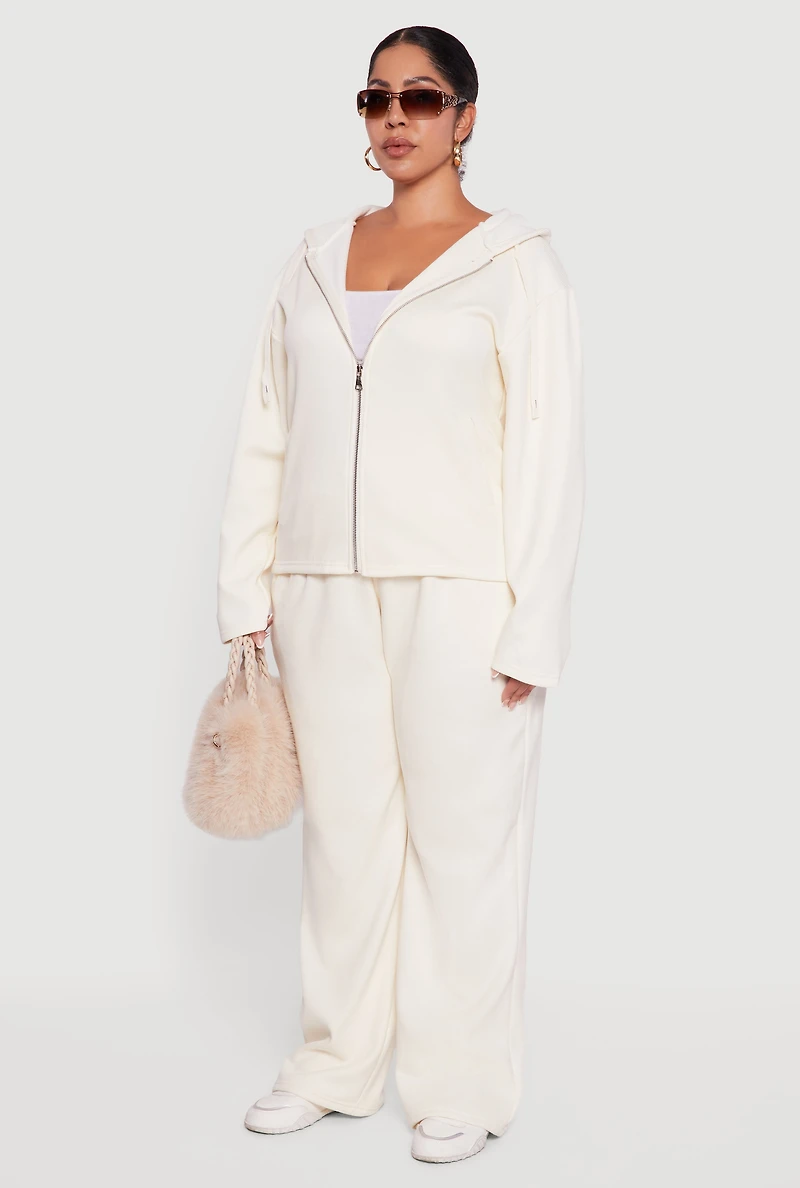 Womens Plus Size Plush Lined Ribbed Knit Zip Front Hoodie, White, Size 1X